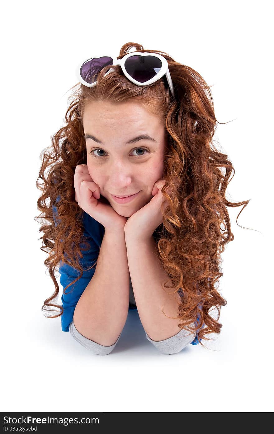 Beautiful teen girl alone on white background