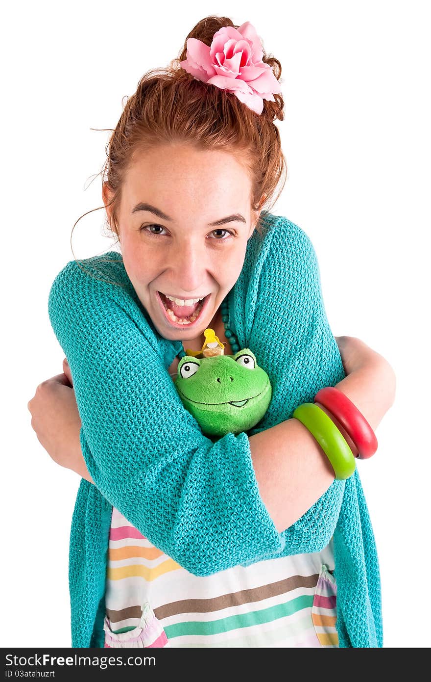 Beautuful teen girl with green frog on white background. Beautuful teen girl with green frog on white background