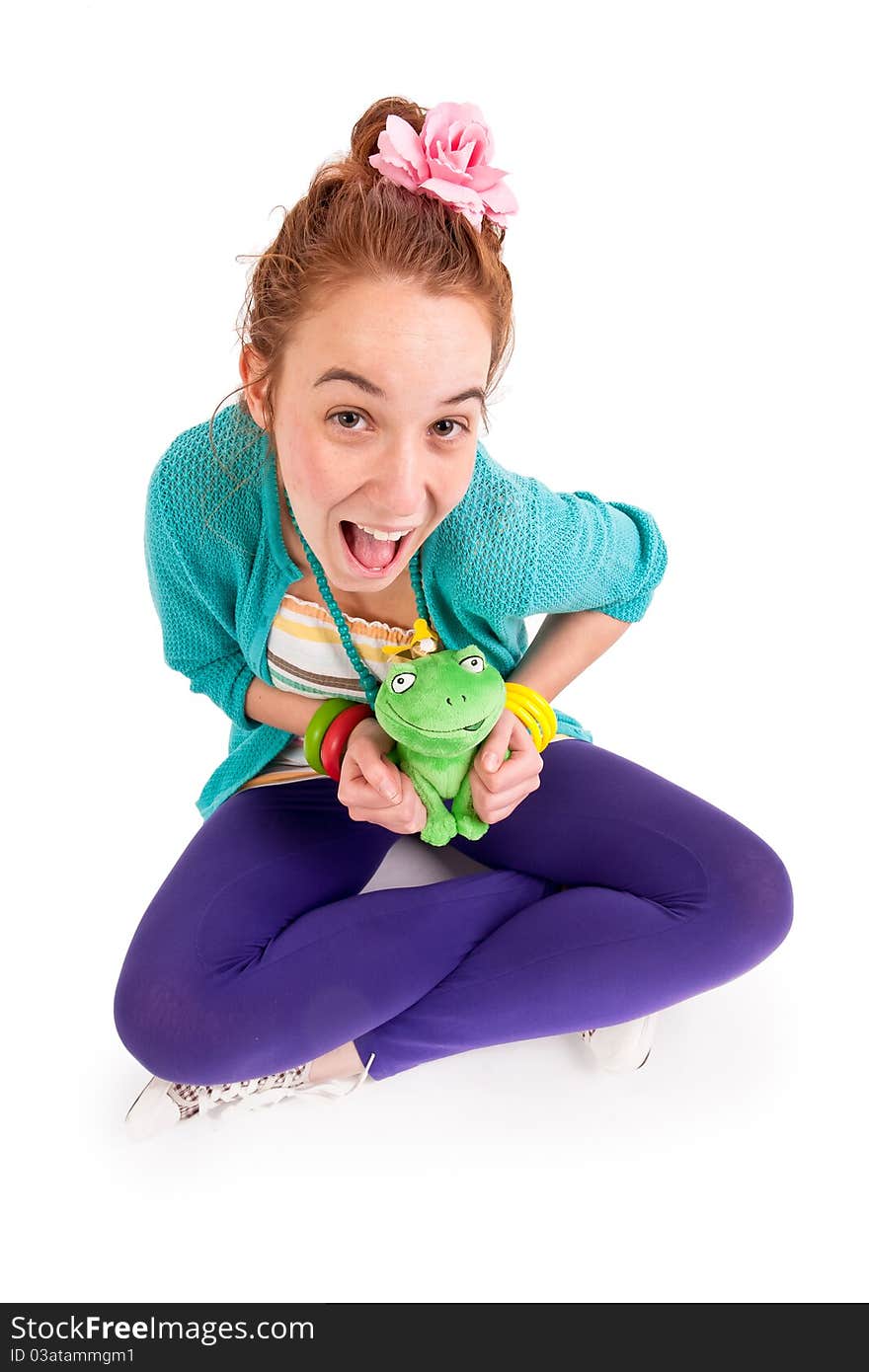 Beautuful teen girl with green frog on white background. Beautuful teen girl with green frog on white background