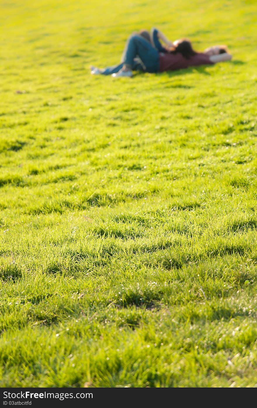 Teen couple lying on a fresh patch of green grass in the sunset light. Concept about ecology and healthy lifestyle. Teen couple lying on a fresh patch of green grass in the sunset light. Concept about ecology and healthy lifestyle.