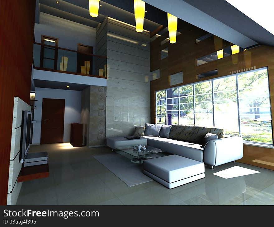 Interior fashionable living-room 3D rendering. Interior fashionable living-room 3D rendering