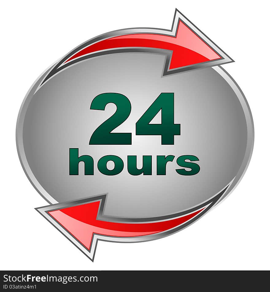 Illustration of 24 hours icon with red arrows. Illustration of 24 hours icon with red arrows