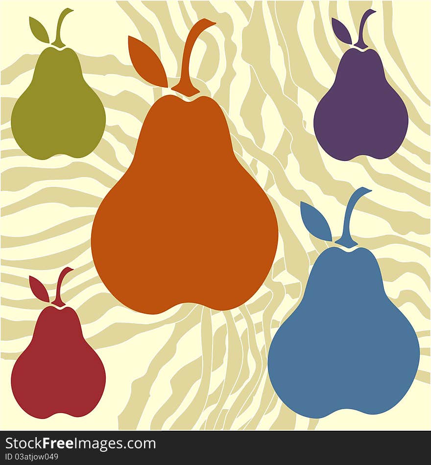 Illustration with bright colored pears on beige lines background. Illustration with bright colored pears on beige lines background