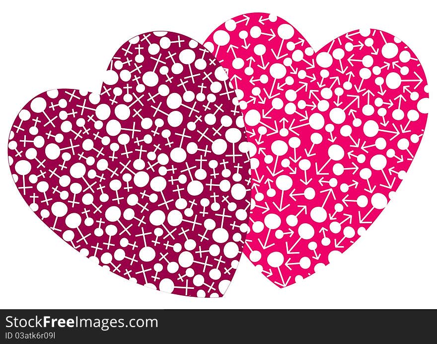 Illustration of fun male and female hearts. Illustration of fun male and female hearts