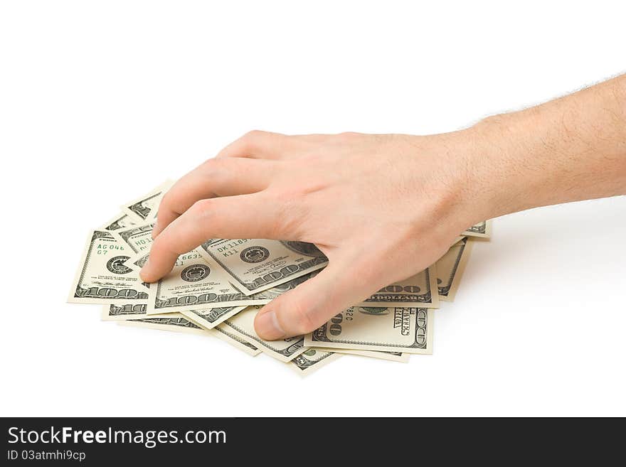 Hand and money isolated on white background