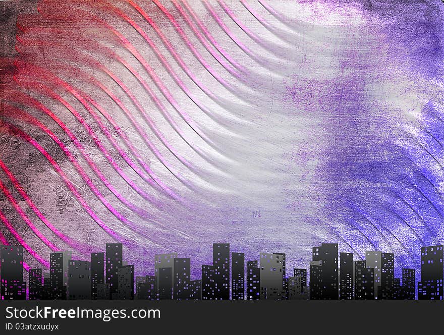 Big city skyline, textural retro background With drawing elements