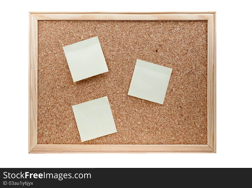 Different sticky notes on a cork board isolated on a white background