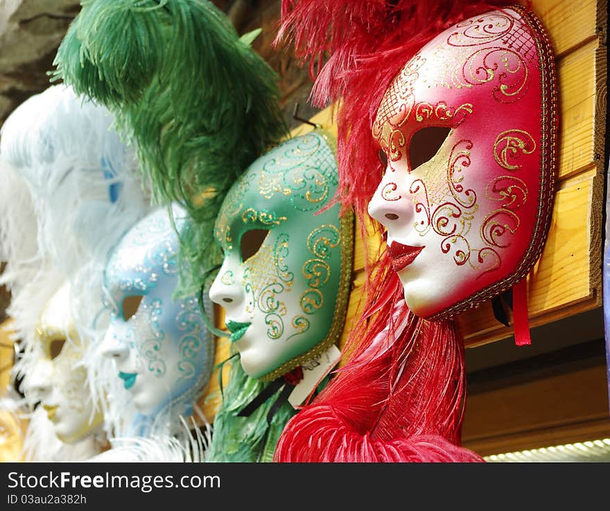 Several colorful vanice masks, red green blue and white. Several colorful vanice masks, red green blue and white