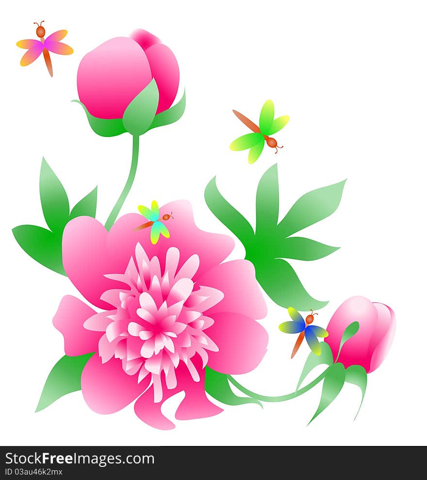 Pink peony corner with buds and butterflies. Pink peony corner with buds and butterflies