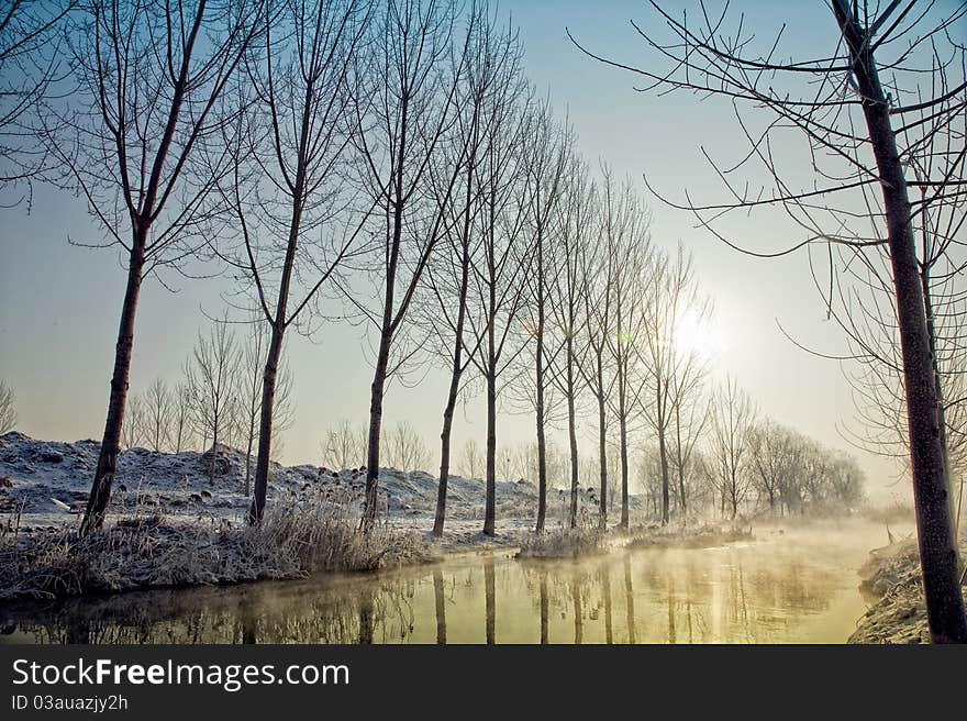 Winter landscape with snow coverd land and a river.