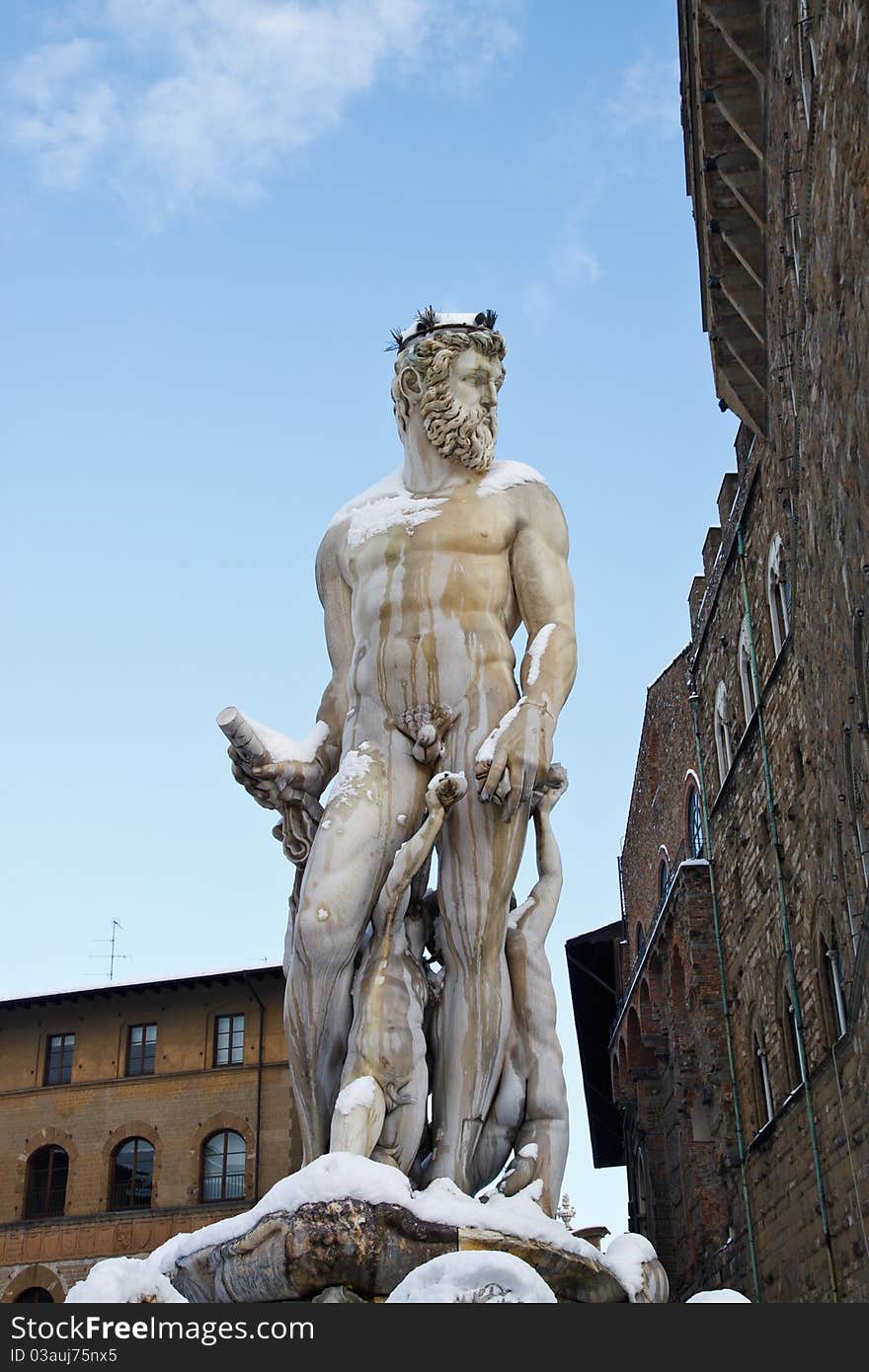 Statue of Poseidon on top of the Neptune Fountain by Amannati. Statue of Poseidon on top of the Neptune Fountain by Amannati