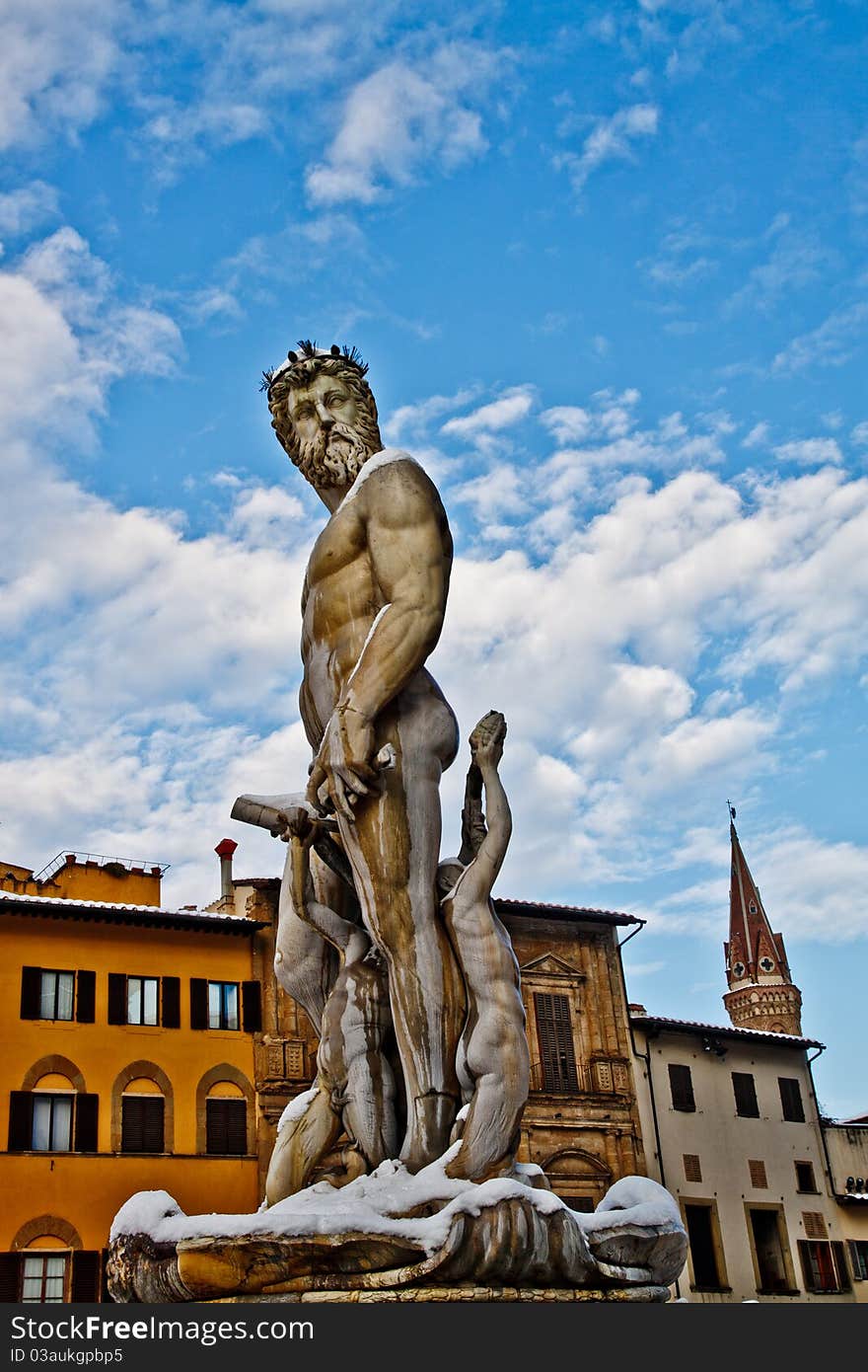 Statue of Poseidon on top of the Neptune Fountain by Amannati. Statue of Poseidon on top of the Neptune Fountain by Amannati