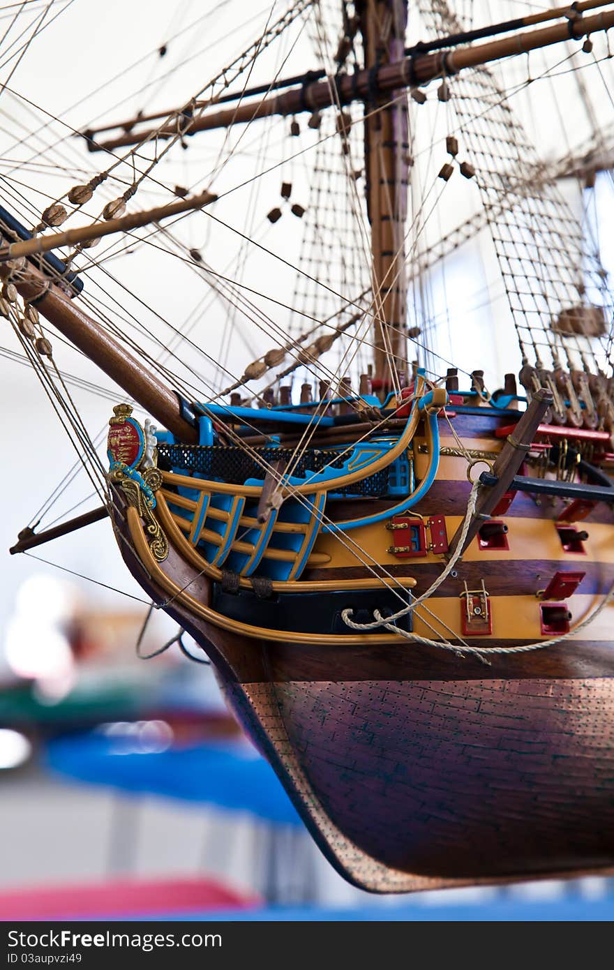 Galleon model detail made of wood. Useful as hobby example