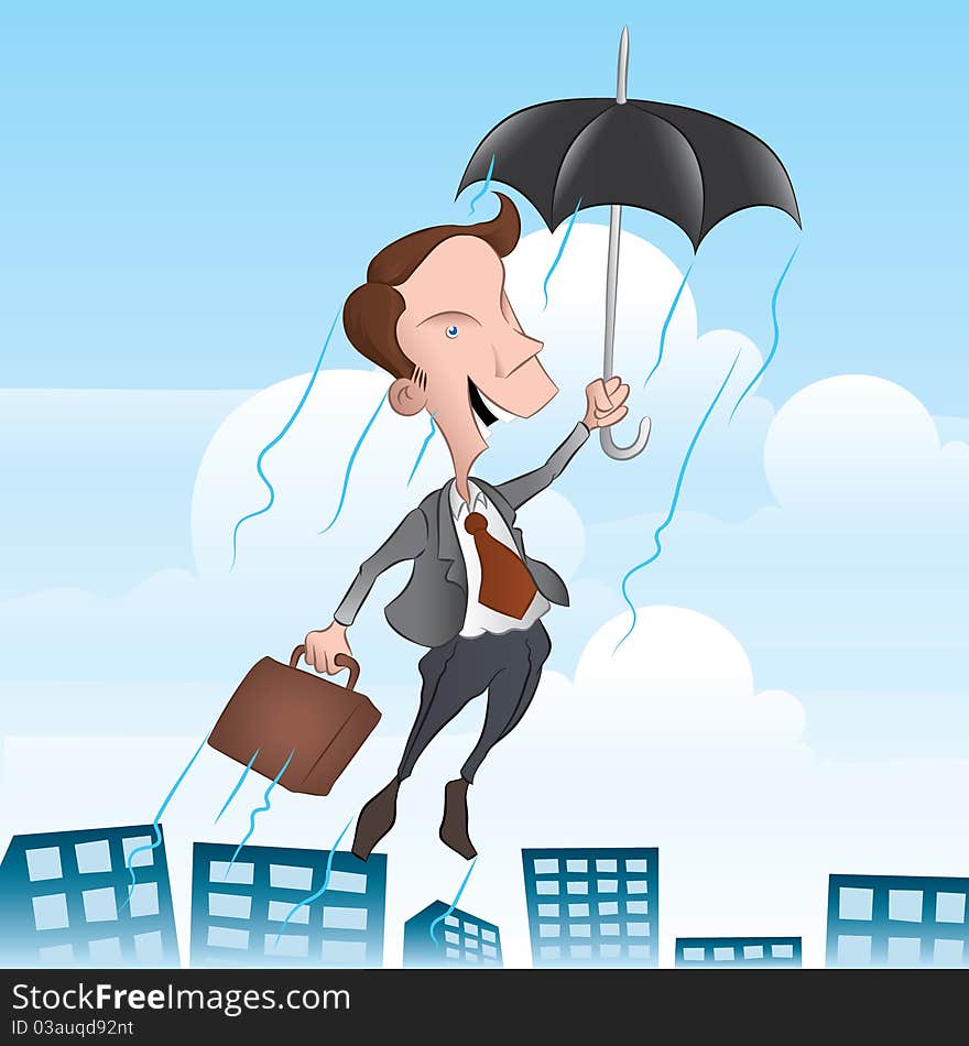 A businessman flying high with his umbrella. Perfect picture to illustrate bright career. eps file included. A businessman flying high with his umbrella. Perfect picture to illustrate bright career. eps file included.