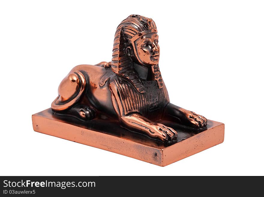 Little bronze Egyptian sphinx on white background