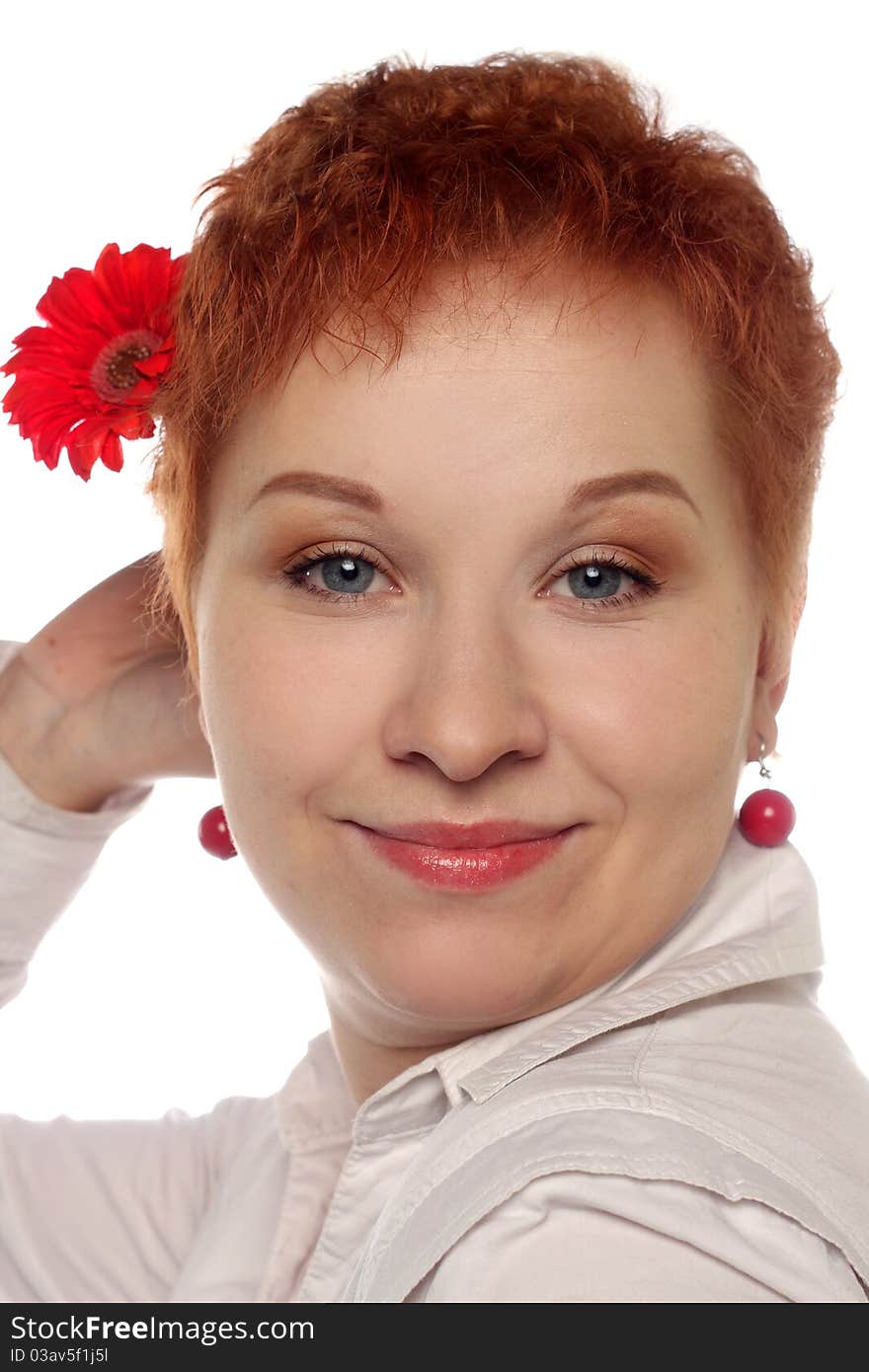 Woman with red flower isolated on white