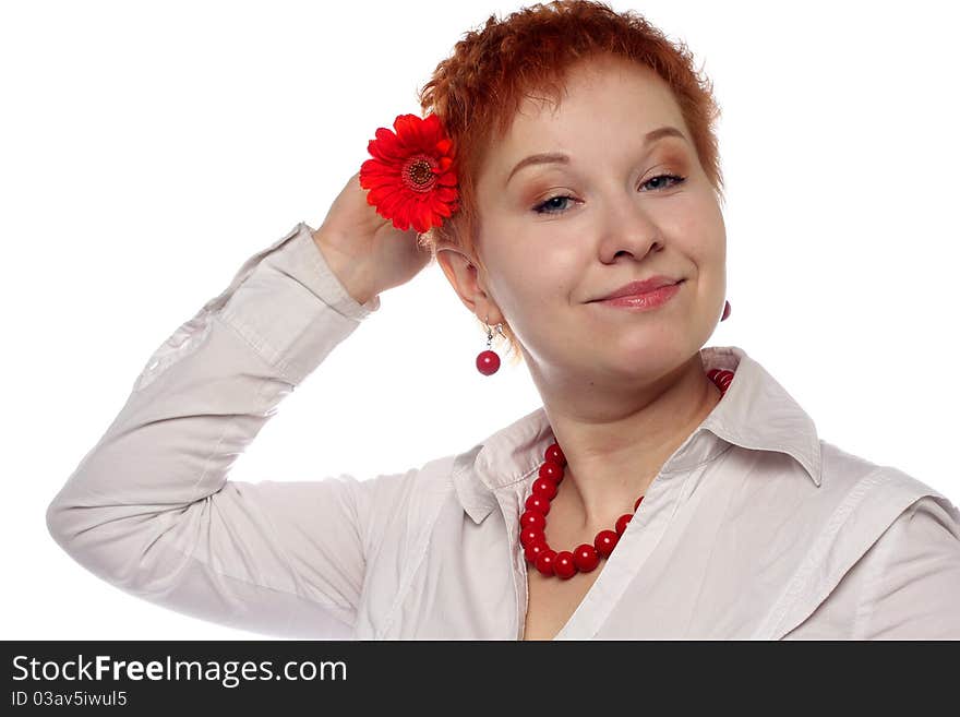 Woman with red flower isolated on white