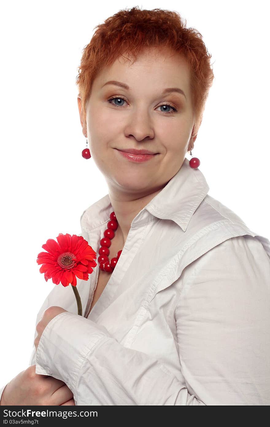 Woman with red flower isolated on white