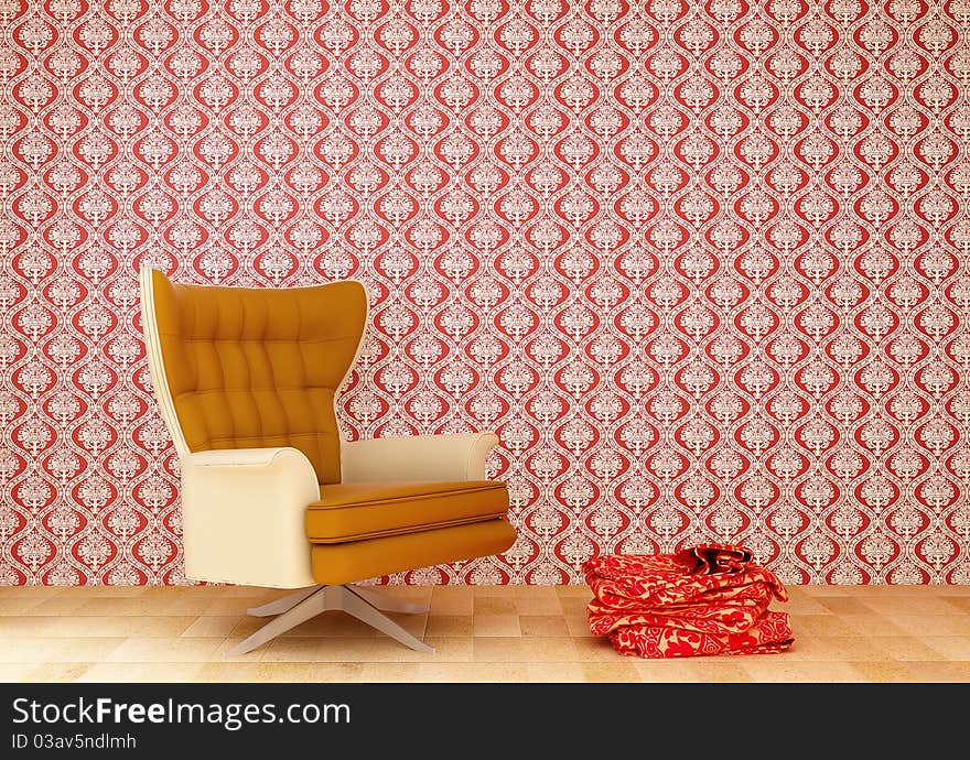 Chair and a red tablecloth in the room with the old wallpaper