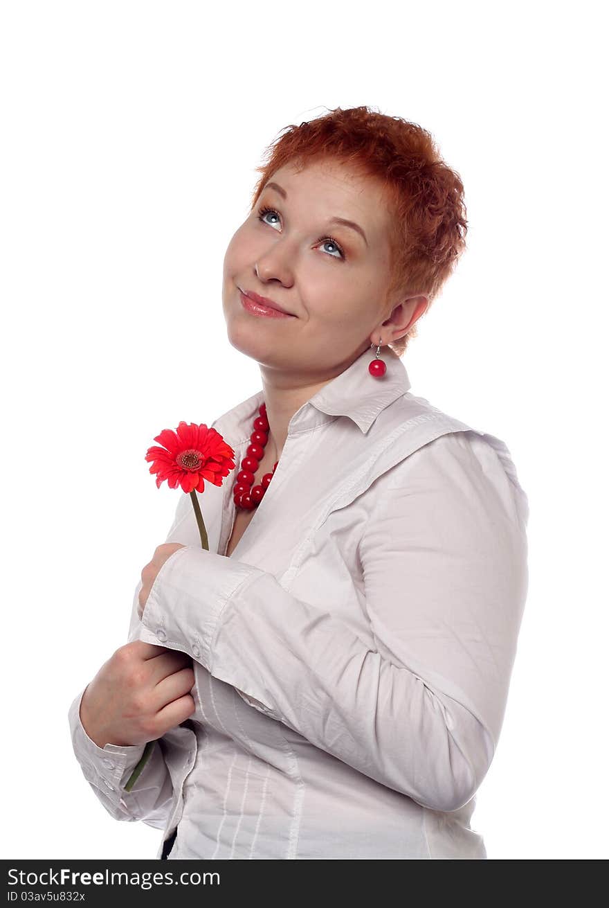 Woman with red flower isolated on white