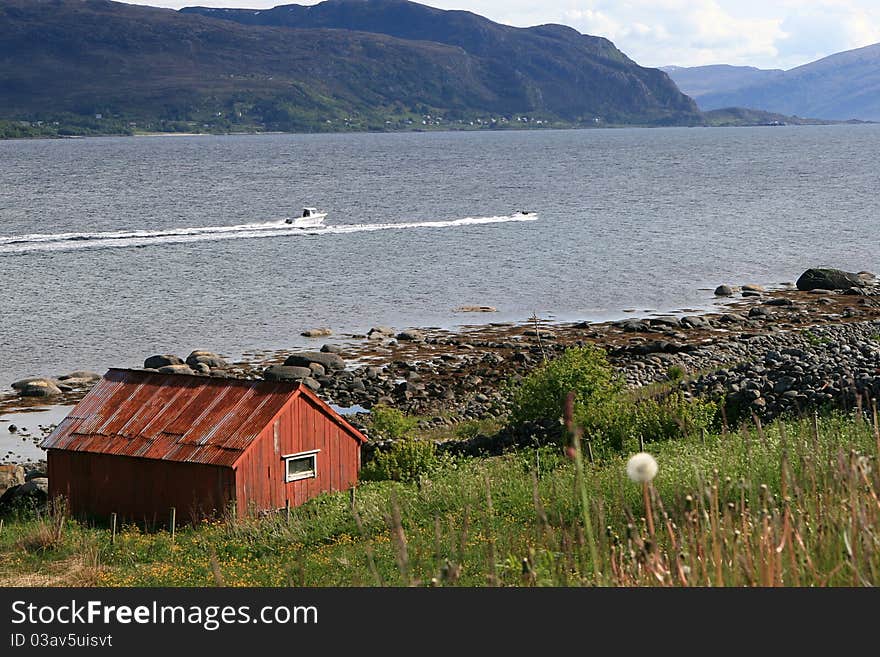 Red hut at a coast in norway