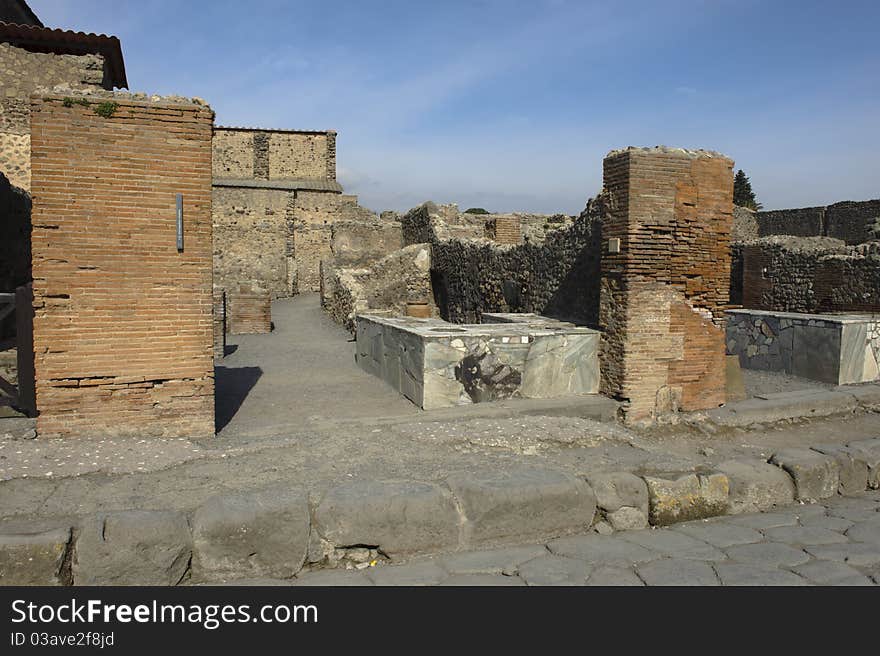 Pompei, roman ruins in Naples, Italy, at rotts of Vesuvio. Pompei, roman ruins in Naples, Italy, at rotts of Vesuvio