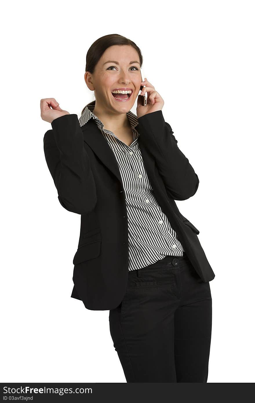 Portrait of a cute confident business woman laughing with mobile phone isolated against white. Portrait of a cute confident business woman laughing with mobile phone isolated against white