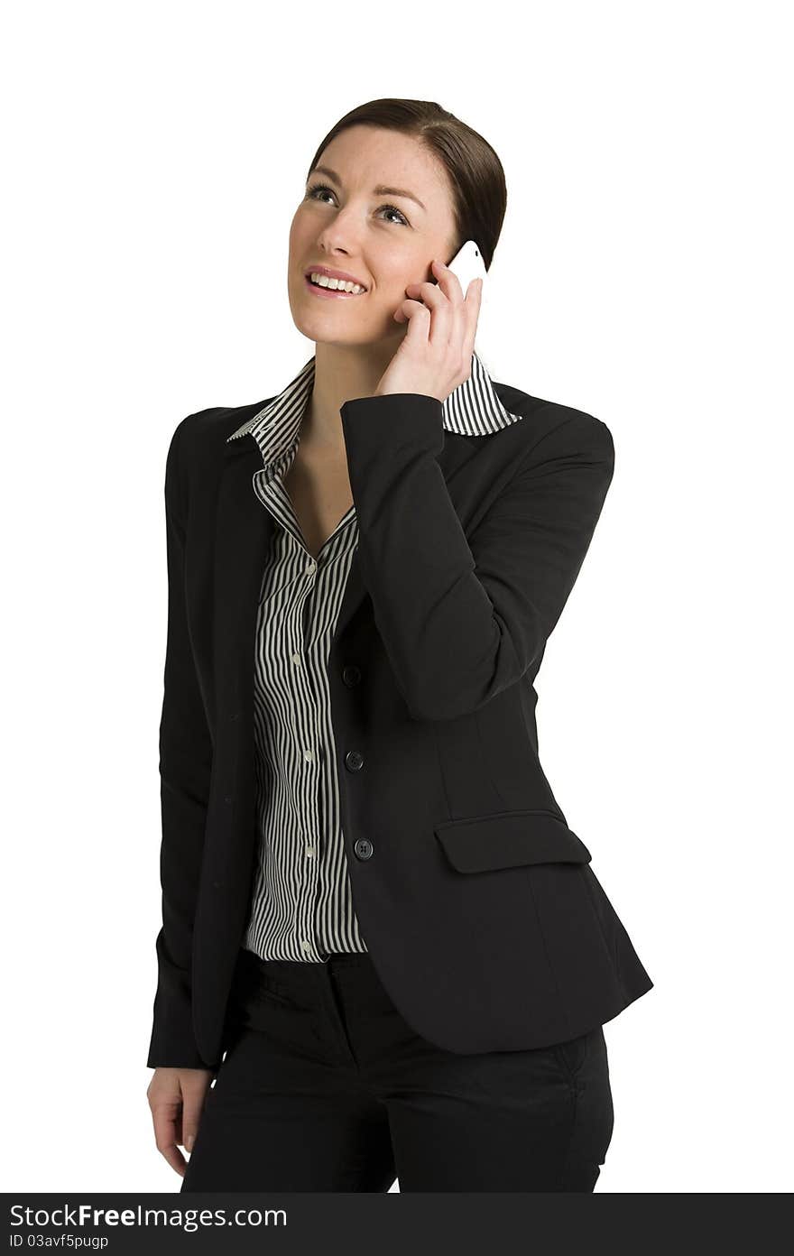 Portrait of a cute business woman with a mobile phone isolated against white. Portrait of a cute business woman with a mobile phone isolated against white