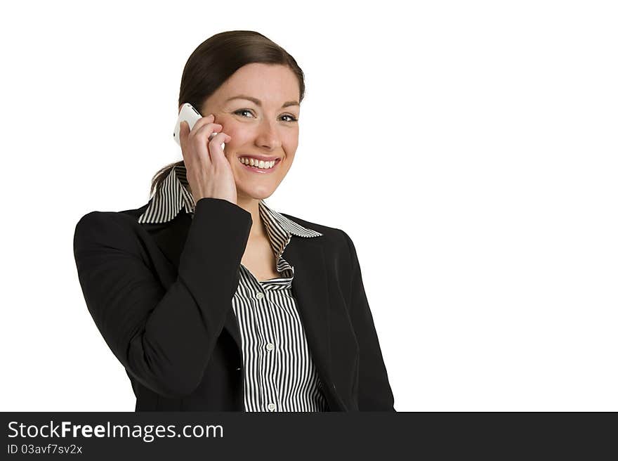 Portrait of a cute business woman with a mobile phone isolated against white. Portrait of a cute business woman with a mobile phone isolated against white