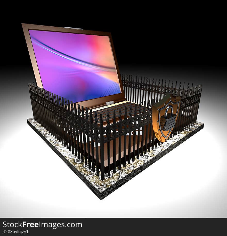 Computer-generated 3D illustration depicting a laptop personal computer surrounded by a fence. Computer-generated 3D illustration depicting a laptop personal computer surrounded by a fence