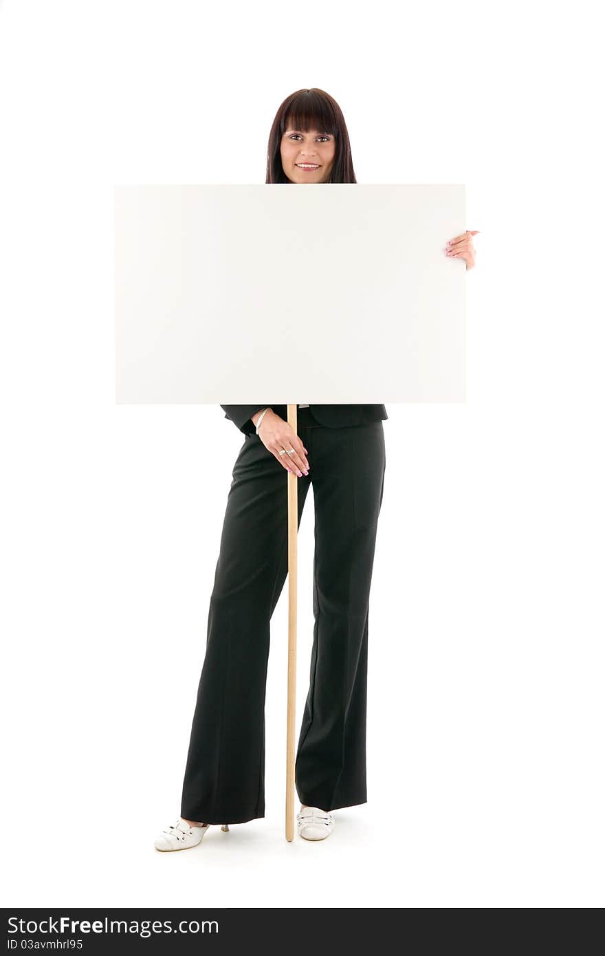 Businesswoman and blank space, on white background.