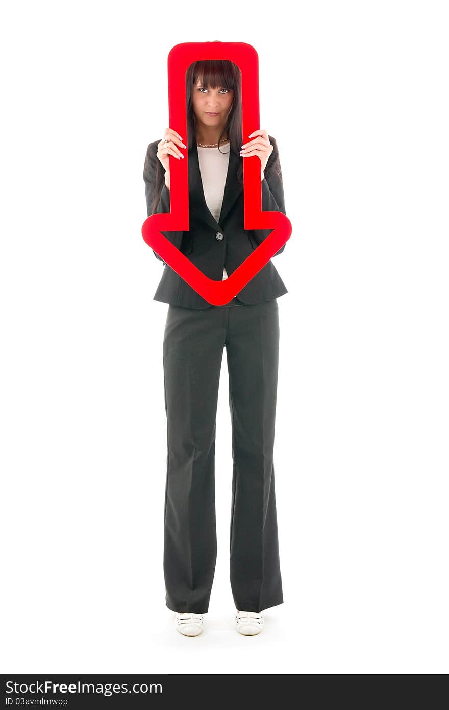 Sad woman with red arrow downwards, on white background. Sad woman with red arrow downwards, on white background.