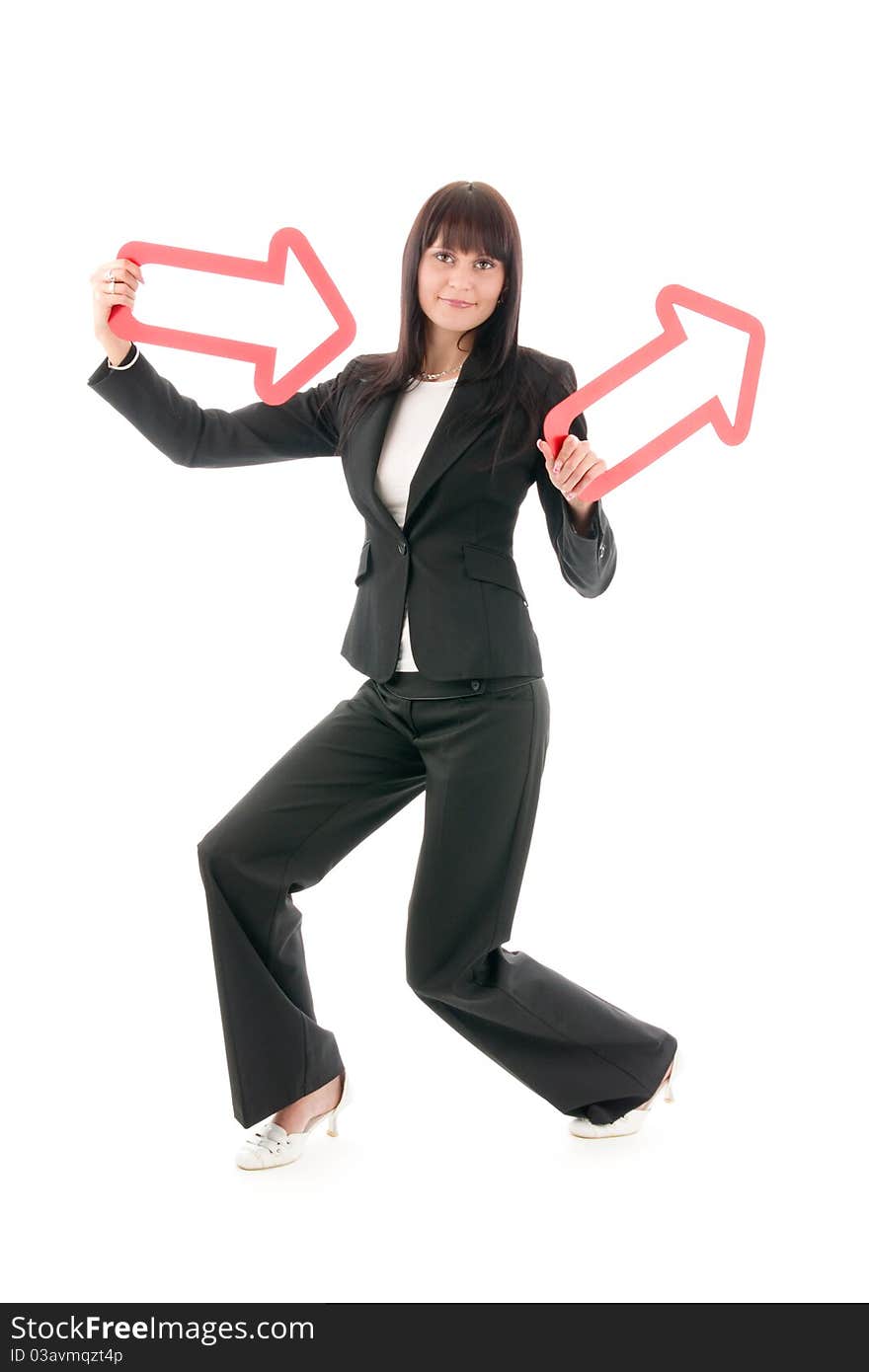 Woman directory red arrow, on white background.