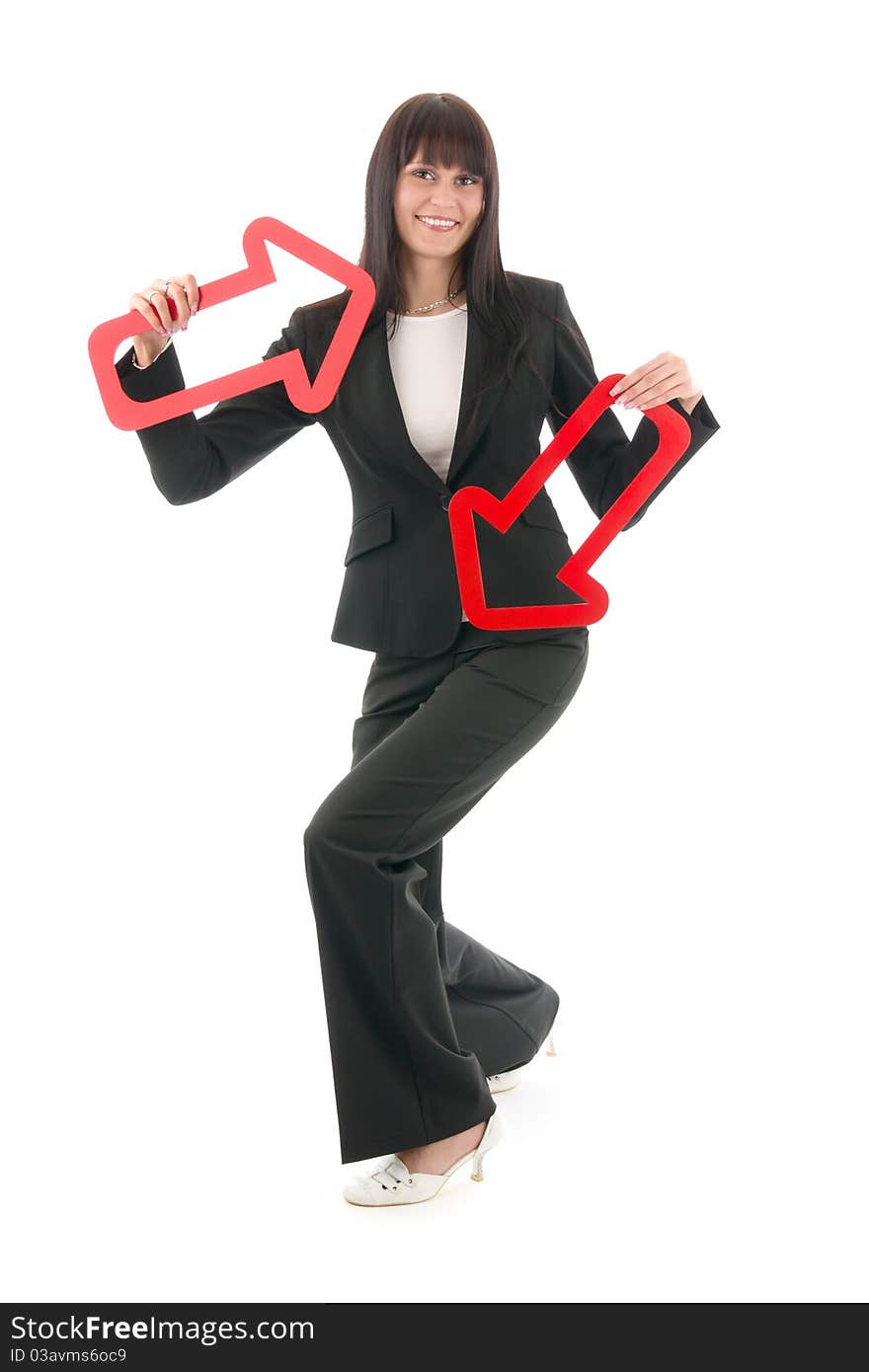 Businesswoman directory red arrow, on white background. Businesswoman directory red arrow, on white background.