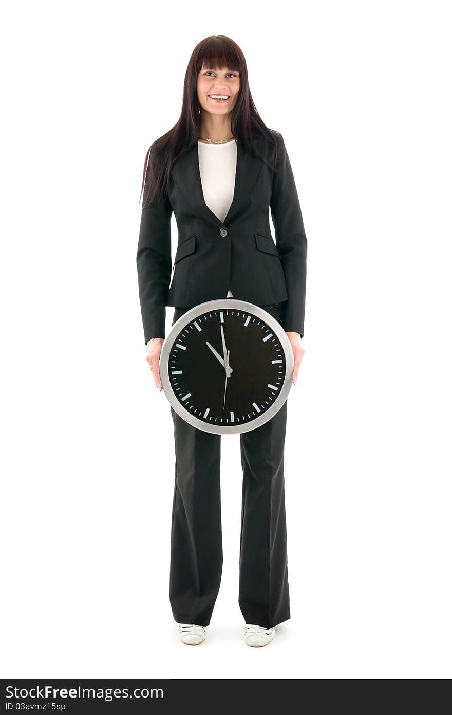 Businesswoman with clock, on white background.