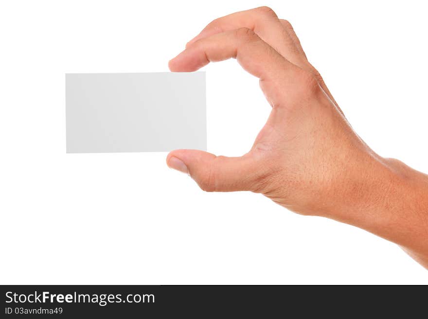 Hand holding a business card over white background