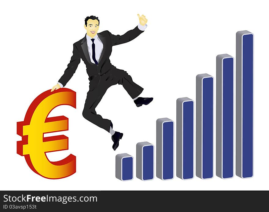 Businessman celebrating his success with euro and jumping. Colour image. Businessman celebrating his success with euro and jumping. Colour image.