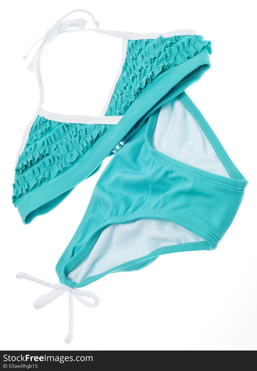 Summer Bikini Concept with Teal Ruffle Bathing Suit Isolated on White.