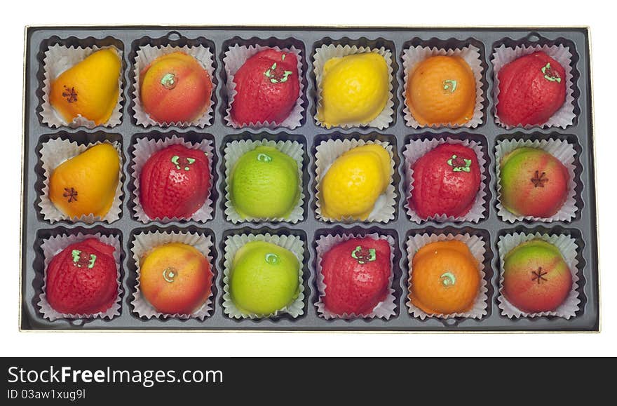 Colorful Marzipan in Fruit Shapes in a Box.