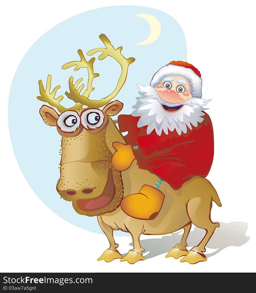 Winter. Joyful Santa Claus riding on a reindeer. Winter. Joyful Santa Claus riding on a reindeer