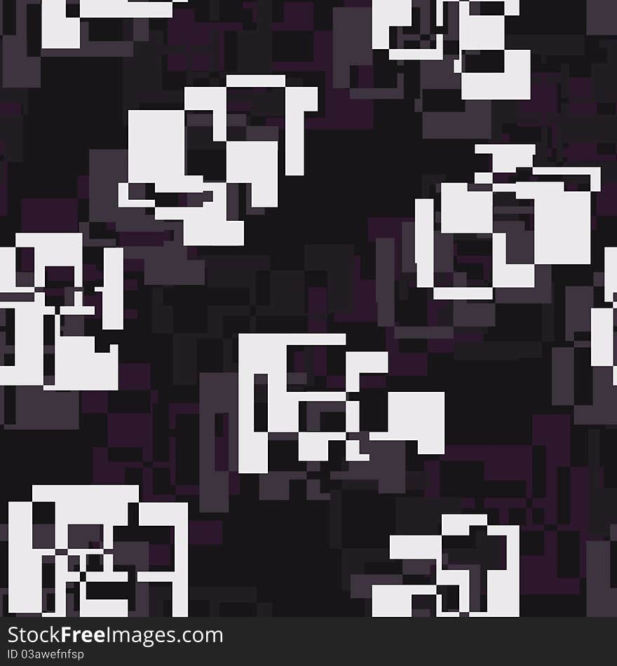 Seamless background with pixelated white shapes on black. Seamless background with pixelated white shapes on black.