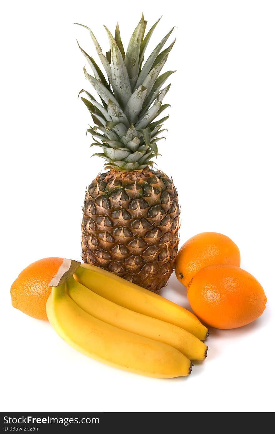 Pineapple, banana and orange on white background. Pineapple, banana and orange on white background