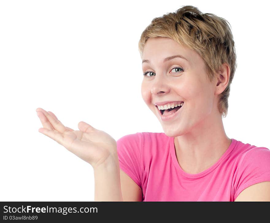 Beautiful short haired blonde woman smiling,  looking into the camera, holding something on the palm of her hand. Isolated on white background. Beautiful short haired blonde woman smiling,  looking into the camera, holding something on the palm of her hand. Isolated on white background