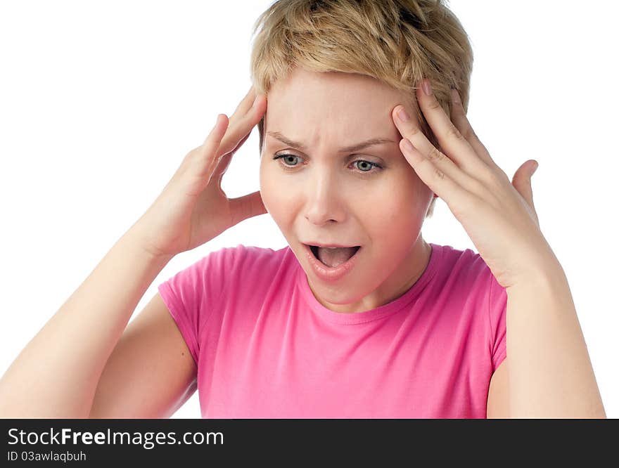 Frustrated beautiful short haired blonde woman looking away from the camera, hands at her face. Isolated on white background. Frustrated beautiful short haired blonde woman looking away from the camera, hands at her face. Isolated on white background