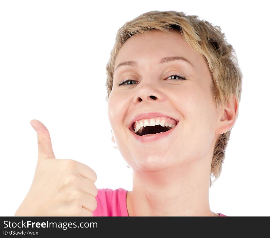 Beautiful short haired blonde woman laughing and making thumbs up gesture. Isolated on white background. Beautiful short haired blonde woman laughing and making thumbs up gesture. Isolated on white background