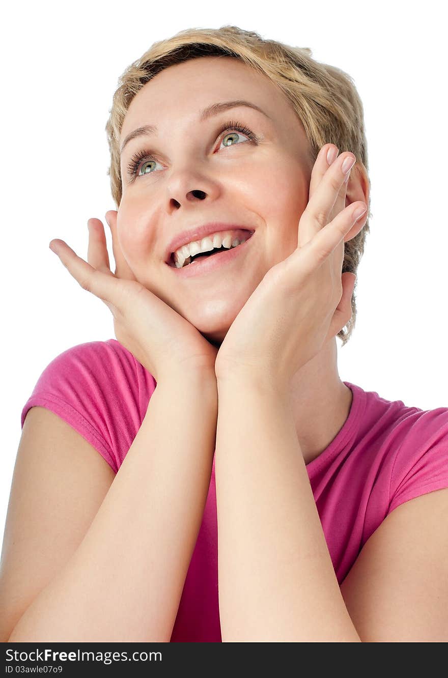 Beautiful short haired blonde woman smiling and looking away from the camera, hand at her face. Isolated on white background. Beautiful short haired blonde woman smiling and looking away from the camera, hand at her face. Isolated on white background