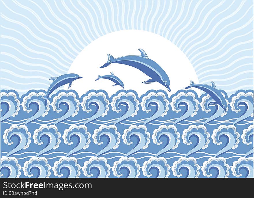 Vector blue dolphins jumping in sea in sun day