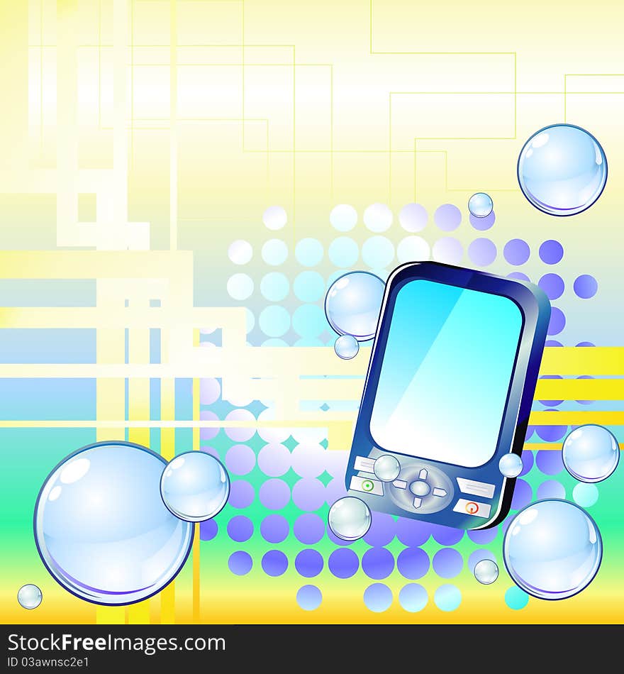 Blue cell phone is against abstract background with blue bubbles. Blue cell phone is against abstract background with blue bubbles