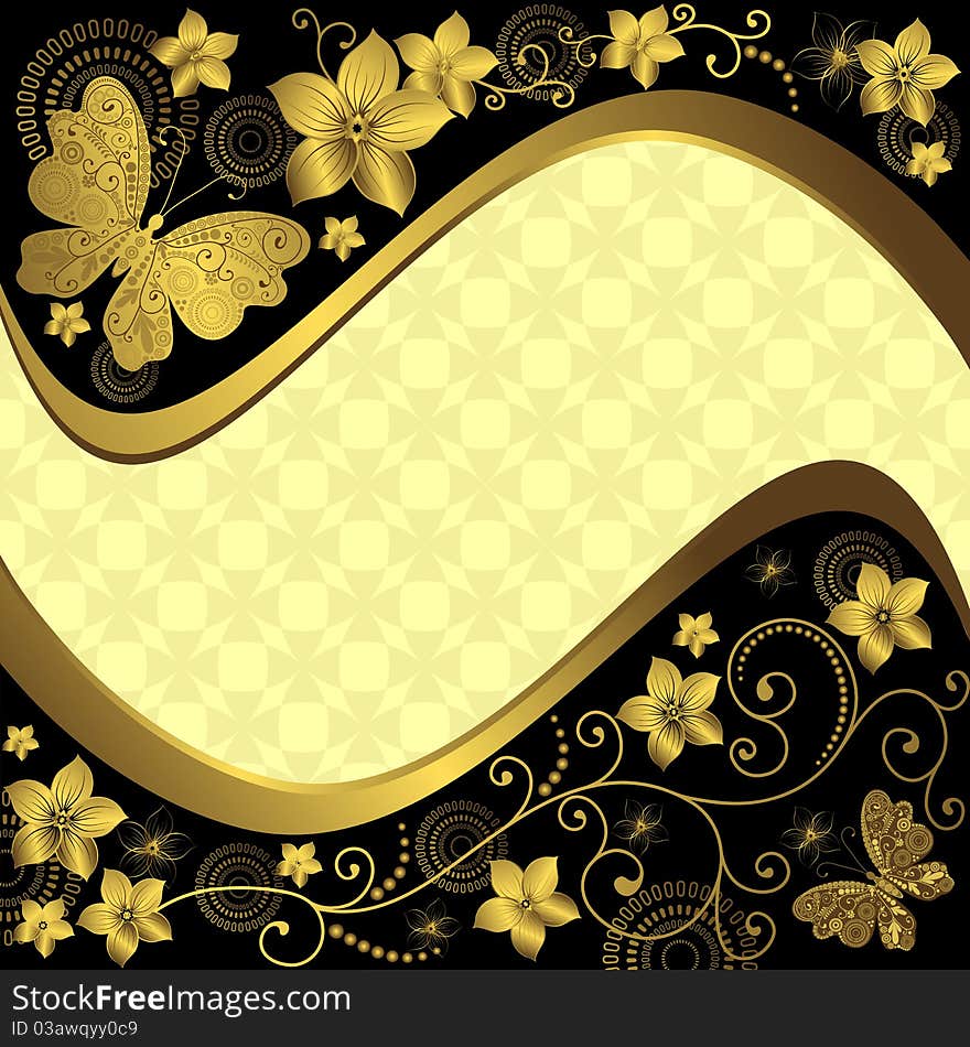 Decorative black and golden frame with flowers and butterflies. Decorative black and golden frame with flowers and butterflies