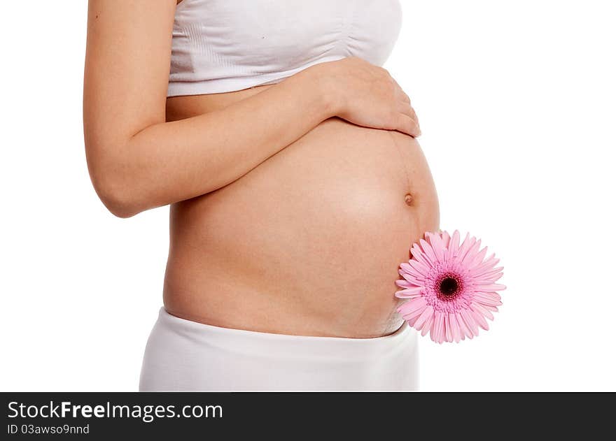 Pregnant woman with pink flower. Pregnant woman with pink flower